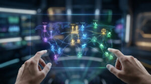 Mains interagissant avec une carte du monde holographique affichant des icônes de troupes et de dirigeants.