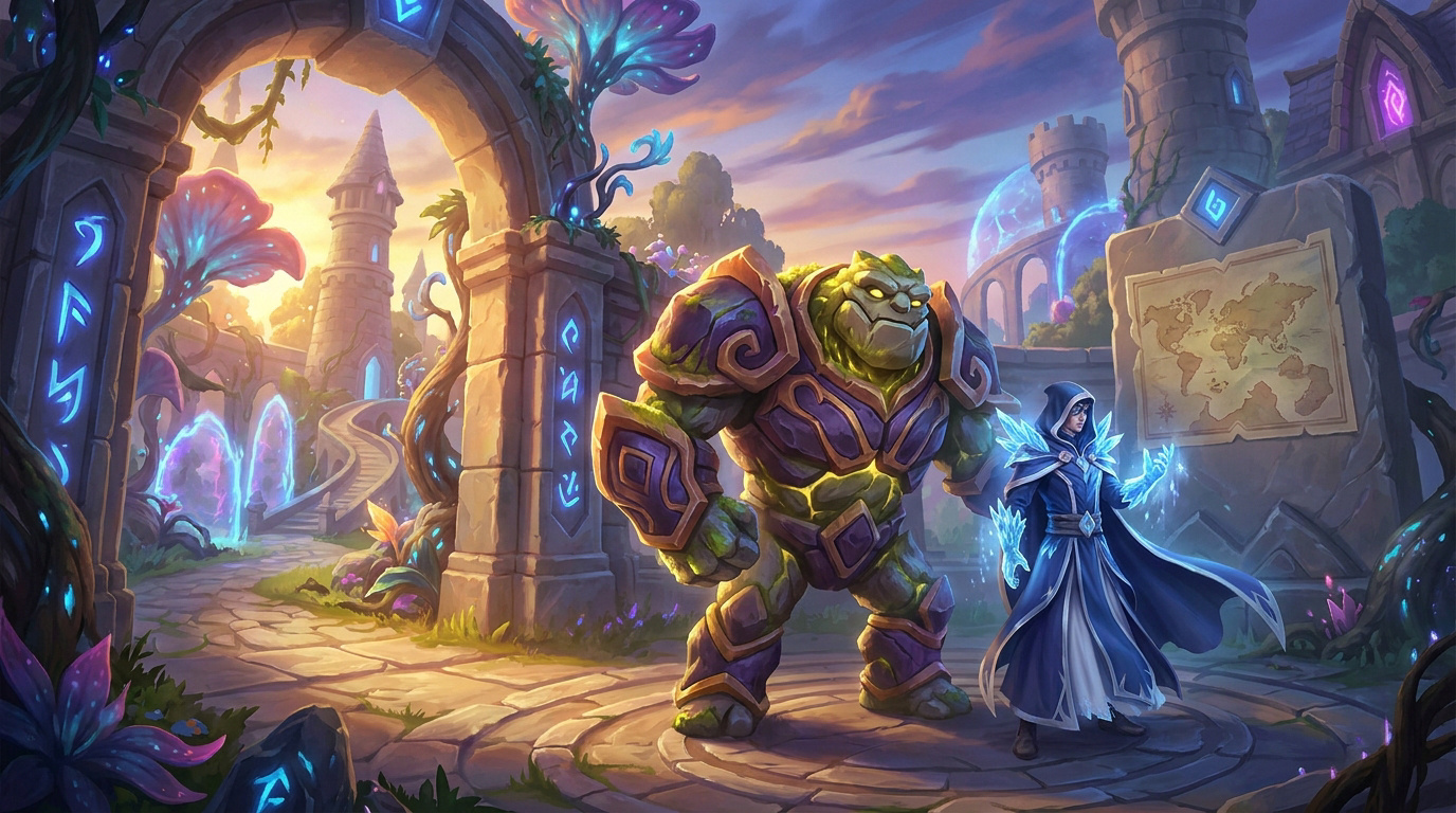 Un Golem et un magicien dans un environnement fantastique aux accents magiques et médiévaux dans Clash Royale.