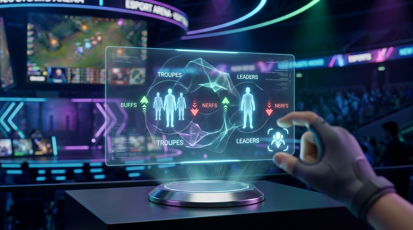 Interface holographique futuriste affichant des statistiques de troupes et leaders avec des indicateurs de buffs et nerfs.