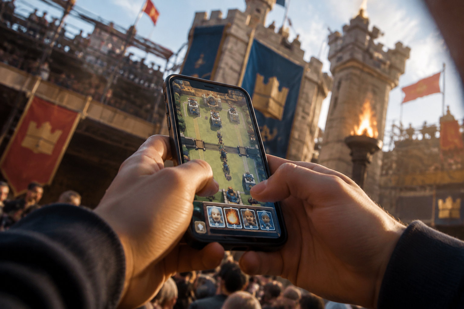 Mains tenant un smartphone affichant une partie de Clash Royale devant un décor de château médiéval réaliste.