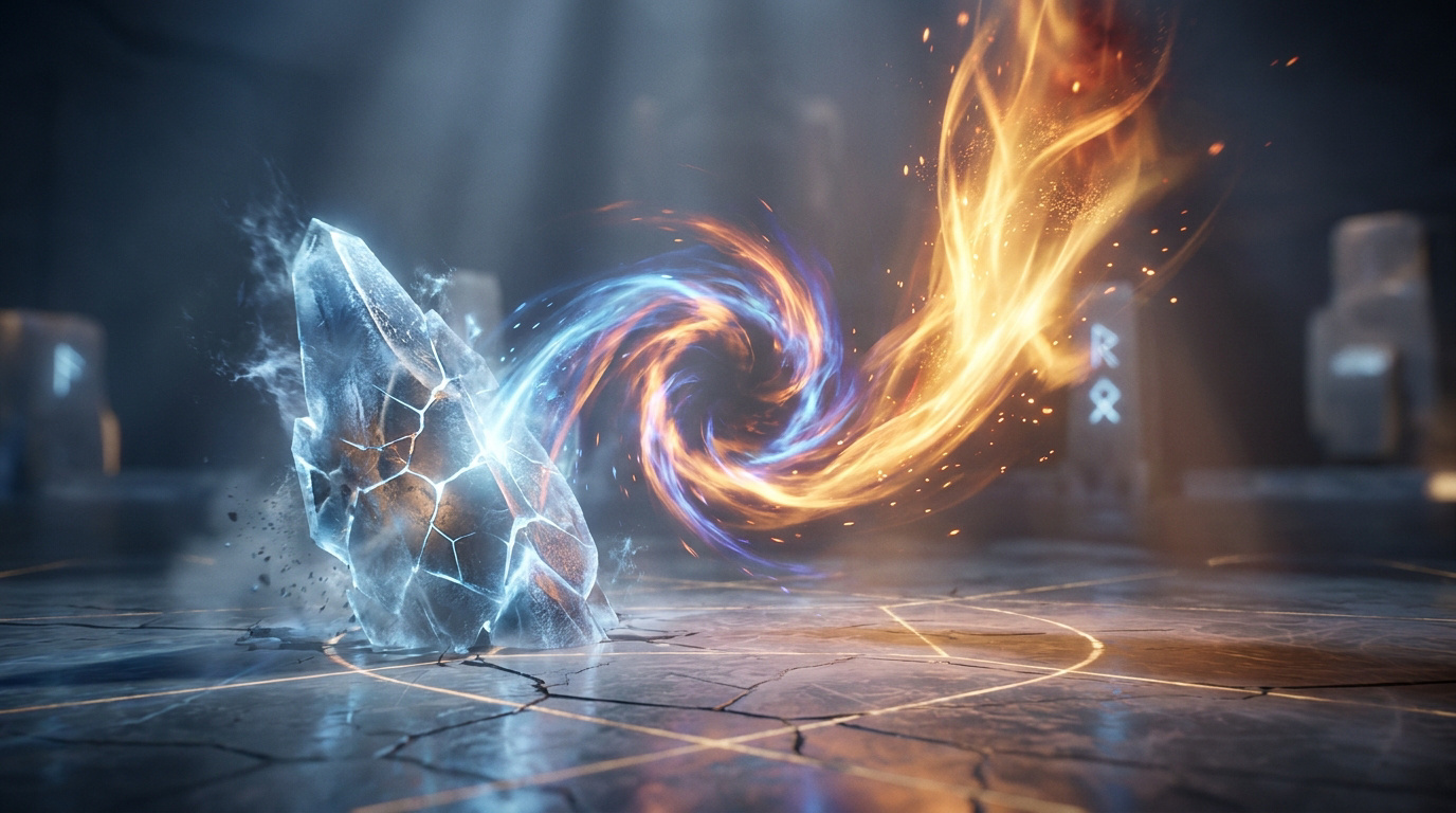 Cristal de glace interactant avec un tourbillon de feu et d'énergie bleue sur un sol en pierre marqué de runes.