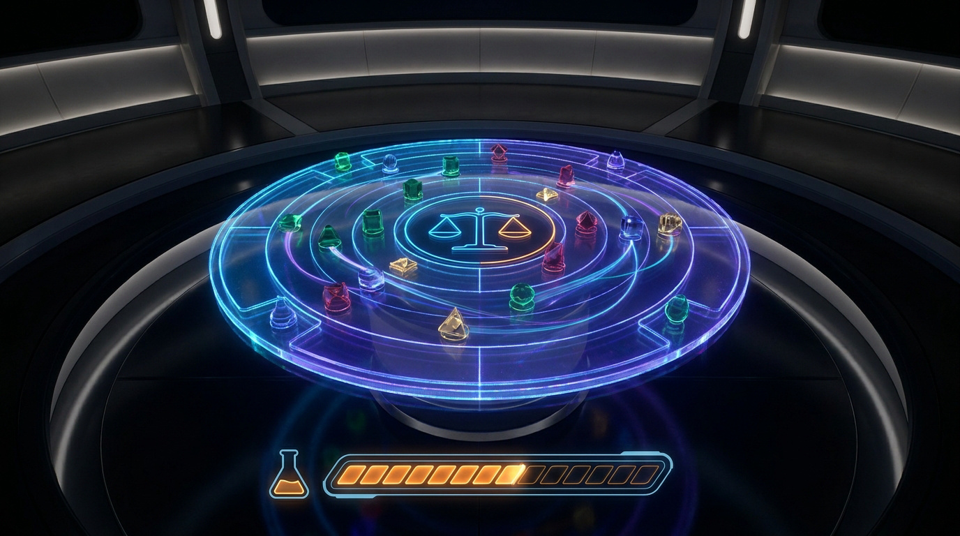 Interface holographique circulaire avec des cristaux colorés et une icône de balance au centre.