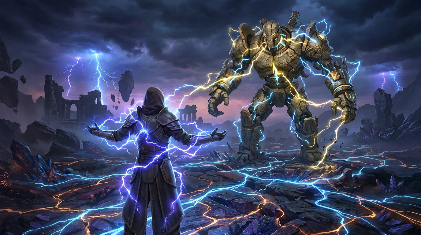 Un mage encapuchonné lance des éclairs électriques sur un énorme golem de pierre dans un paysage sombre et chaotique.